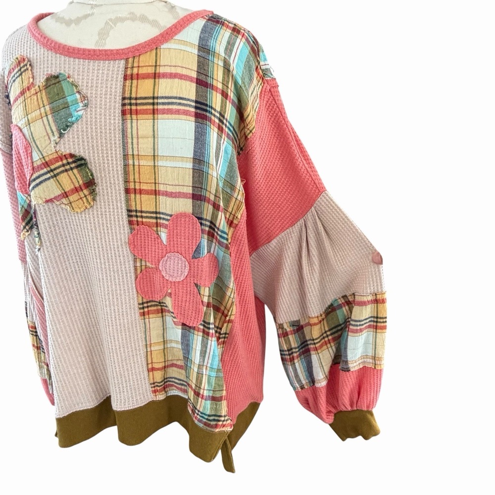 Easel Daisy Waffle Plaid Patchwork Oversized Sweatshirt L Hippie Boho Lagenlook - Picture 2 of 9